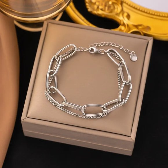 Ring Double-Layer Titanium Steel Chain Steel Silver Bracelet - Picture 1 of 3